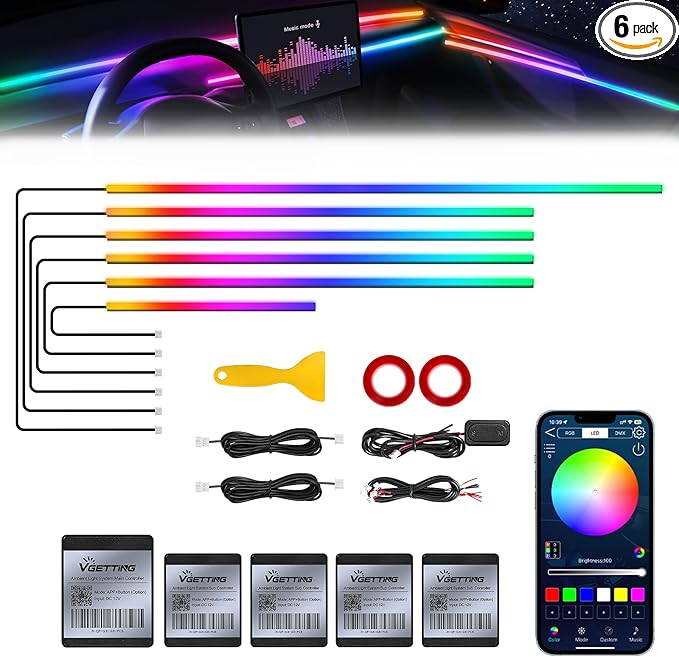 Dreamcolor Acrylic Interior Car LED Strip Light with Wireless APP, RGB 6 in 1 with 175 inches 593 LEDs Fiber Optic Strip Lights for Car, Music Sync Neon Car Ambient Neon Lighting Kits