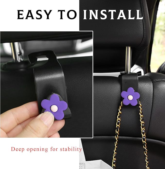4 PCS Car Seat Headrest Hook, Plastic Headrest Hooks with Adhesive Flower, Auto Back Seat Hanger Storage Hook for Grocery Bag Purse Handbag Umbrella, Car Accessories (Purple)