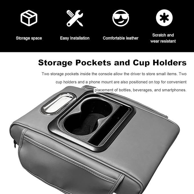 Car Center Console Armrest Pillow, Multifunctional Armrest Box Cover with Cup Phone Tissue Holder & Side Pockets, Waterproof Leather Middle Console Cushion for Most Vehicles (Gray, Normal)