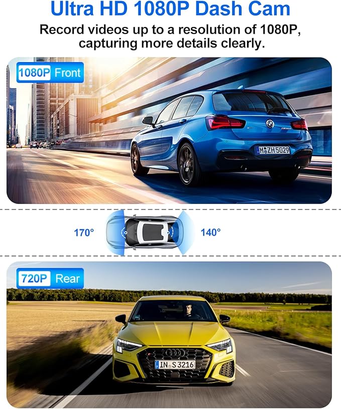 Dash Cam Front and Rear, 1080P Dual Dash Camera for Cars with 32G SD Card, 24 Hours Parking Monitor, Night Vision, Loop Recording, G-Sensor, 3'' IPS Screen, 170°Wide Angle