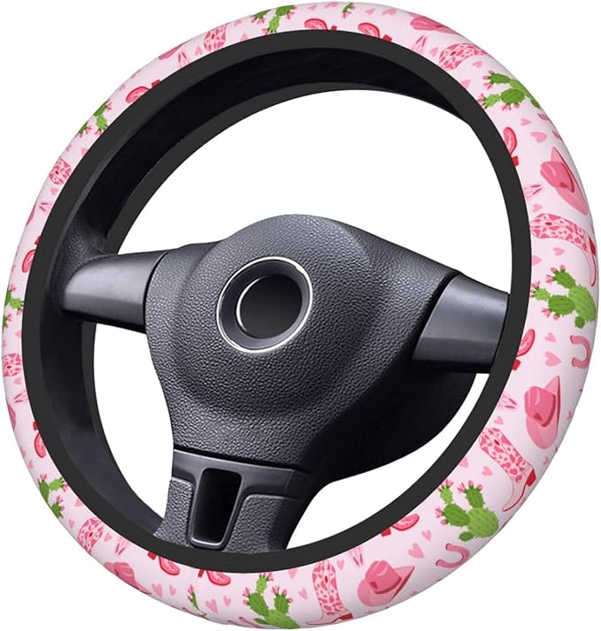 Cowgirls Cactus Pink Steering Wheel Cover for Women Elastic Rubber Steering Wheel Universal 15 Inch Fit for Cars, Auto, SUVs