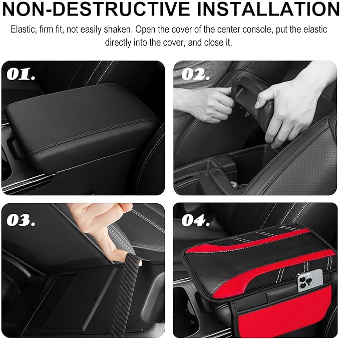 NBTEPEM Red Center Console Cover, Sporty Leather Armrest Cover Cushion with 2 Storage Pockets, Universal Auto Middle Console Protector, Car Interior Accessories for Most SUV, Truck, Sedan Vehicles
