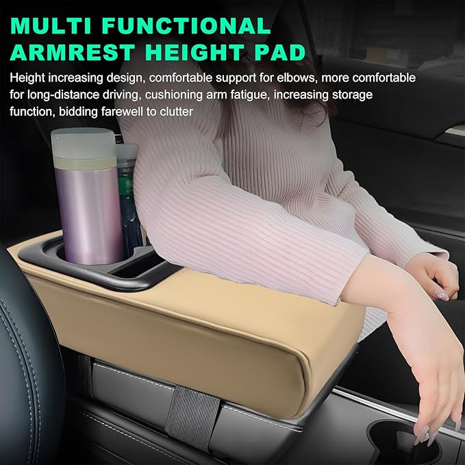 Car Center Console Armrest Pillow, Memory Foam Auto Armrest Box Cover with Cup Holder & Phone Holder, Waterproof Leather Arm Rest Protector Cushion, Interior Car Accessories (Beige)