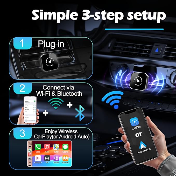 Wireless CarPlay & Android Auto Adapter, 2-in-1 USB Dongle Converts Wired to Wireless, 5GHz WiFi & Bluetooth Plug & Play, Keeps Factory Controls, USB-C Adapter, Wired Required, iOS 10+ Android 11+
