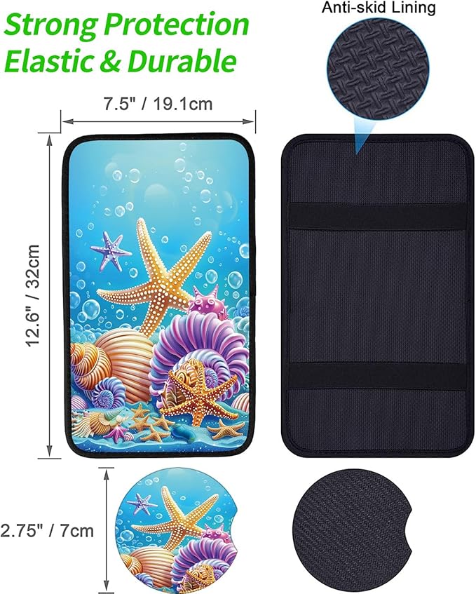 Car Armrest Cover Pads Universal Fashion Cute Auto Center Console Armrest Cover Pad with 2PCS Car Coasters Soft Waterproof Car Armrest Seat Protector for Women, Sea Shells Starfish