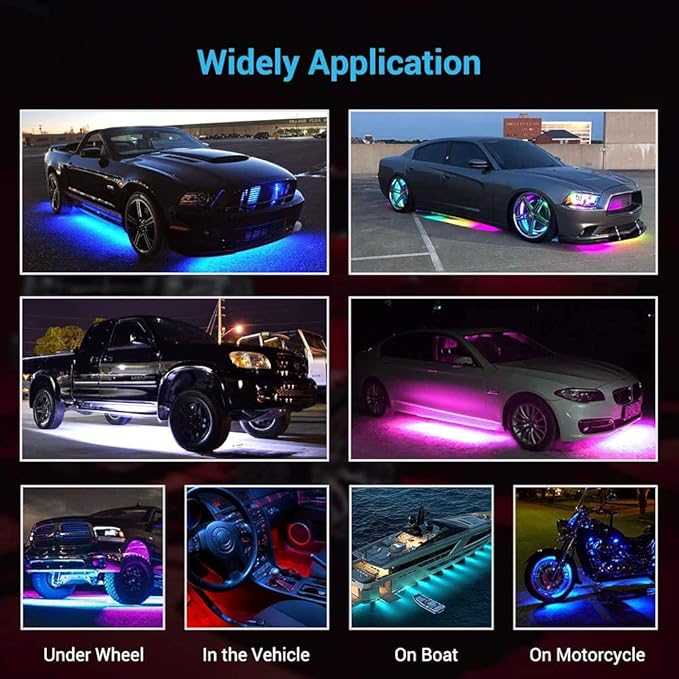 Smart RGB Car Underglow Kit with App & RF Remote - IP67 Waterproof, 16 Million Color LED Light Strips, Music Sync, Universal Fit for All Cars, Trucks, Vans - 12V DC Exterior Lighting