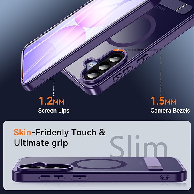 OWKEY for Samsung Galaxy A37 5G Case with Stand, Magnetic Shockproof Case Fit for Magsafe Translucent Matte Cover for Samsung A37, Purple