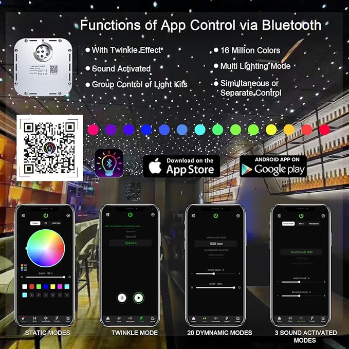 AKEPO Car Home 32W Twinkle Fiber Optic Light Engine, Bluetooth APP Control+Music Activated+28-Key Remote Control for Fiber Optic Star Ceiling