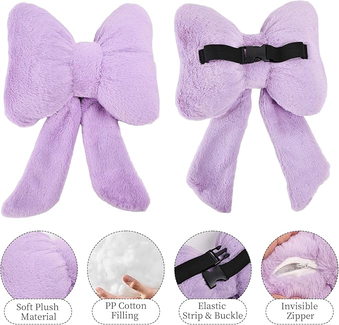 Bow Car Headrest Pillows Plush Car Neck Pillows for Travel Driving Office Chair Head Support Cushions, Also Cute Car Decor Accessories (2PCS Purple)