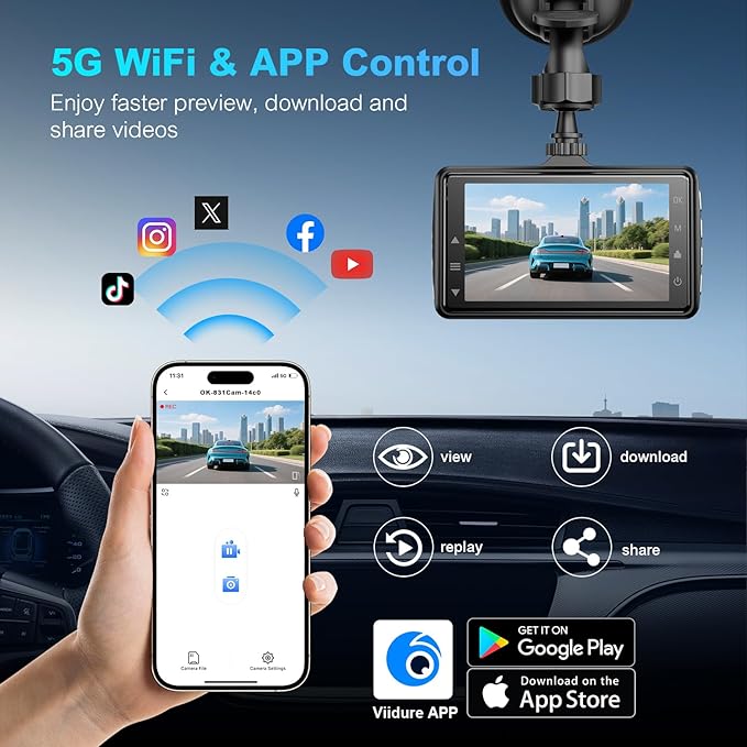 BOOGIIO Dash Cam Front and Rear with 64GB SD Card, 4K Dash Camera for Cars with APP, 5G WiFi Car Camera, Built-in G-Sensor, 170° Wide Angle, Night Vision, 24H Parking Mode,Loop Recording,3" IPS Screen