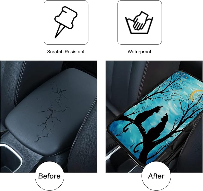 Car Armrest Cover Pads Universal Fashion Cute Auto Center Console Armrest Cover Pad with 2PCS Car Coasters Soft Waterproof Car Armrest Seat Protector for Women, Two Cats Tree Branch Moon