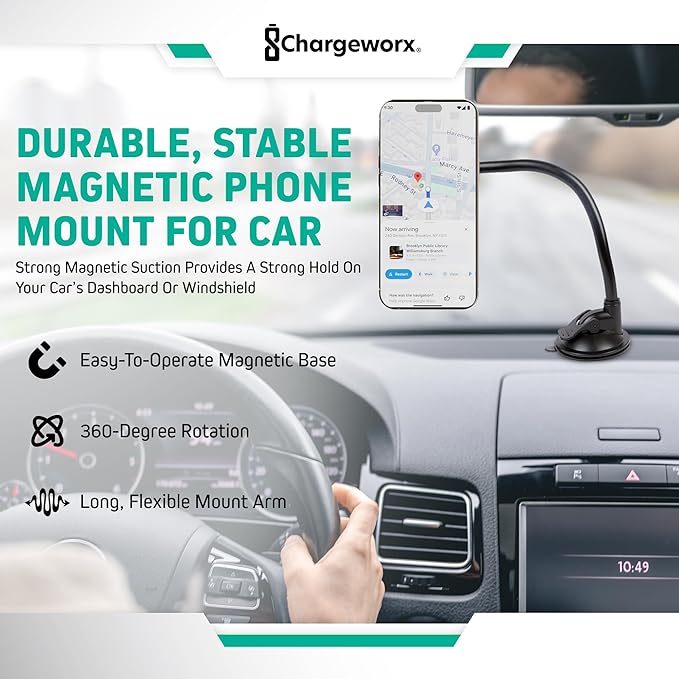CHARGEWORX Magnetic Phone Stand Mount for Car Windshield – 14-Inch Flexible Gooseneck Holder with Strong Suction Cup & 360° Rotation, Magsafe iPhone & Android Compatible Car Holder Accessory