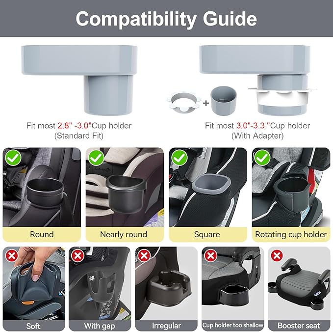 Car Seat Snack Tray for Toddlers - 3 Inch Cup Holder Fits Most Sippy Cups & Straw Bottles with Dip Well, Mess-Free Square Kids Travel Tray Road Trip Essentials, Grey