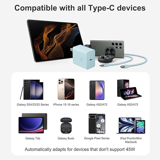 45W Type C Charger, USB C Charger 2-Pack iPhone 15 16 Charger 6FT with iPhone 16/16 Plus/16 Pro/16 Pro Max/iPhone 15/15 Pro Max/iPad Pro/AirPods/Galaxy S24 S23 S22 S21,Android Charger(Bule)
