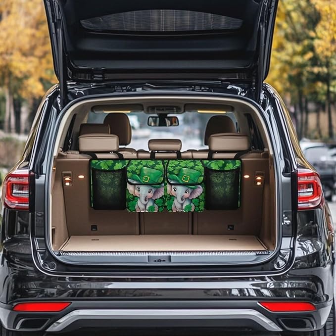 Cute Elephants Trunk Organizer St. Patrick Day Green Leaves Car Back Seat Organizer,4 Compartments,Backseat Hanging Organizer for Women Men
