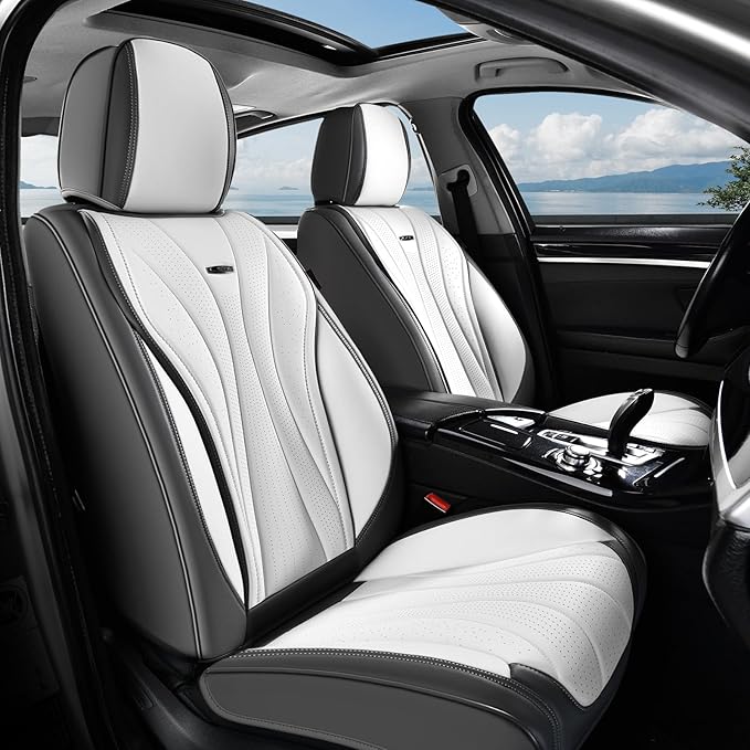 Coverado Front and Back Seat Covers, Waterproof Car Seat Cover, 5 Seat Leather Seat Cover for Cars, Universal Car Seat Protector, Automotive Seat Cover Car Seat Cushion Fit for Most Cars (Gray&White)