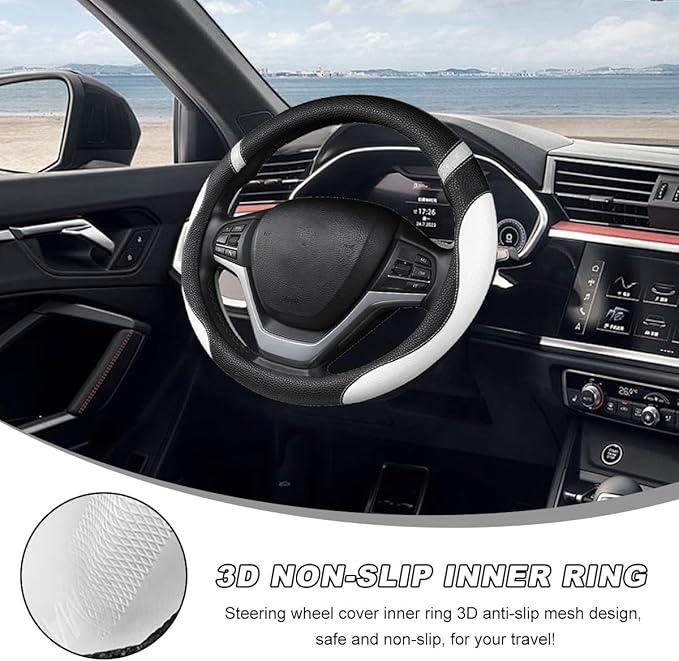 Car Steering Wheel Cover, 15 Inch Premium Leather Breathable Non-Slip Wheels Wrap, Universal Auto Comfortable Steering Wheel Protector for SUV Truck Van, Car Accessories (White)