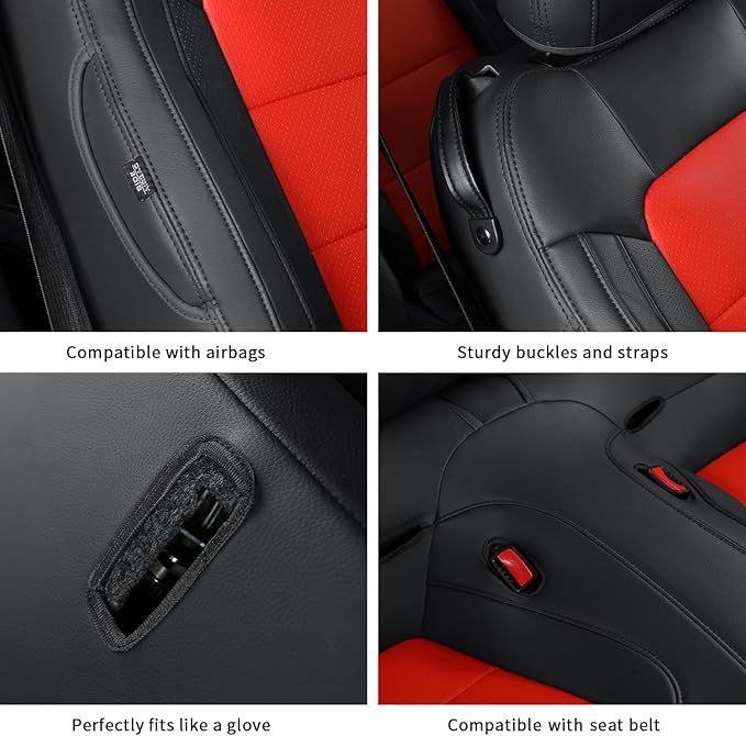 GIANT PANDA Customized Full Set Car Seat Covers Fit Ford Mustang Coupe Hardtop 2015 2016 2017 2018 2019 2020 2021 2022 2023 2024 2025 2026- (Black+Red)