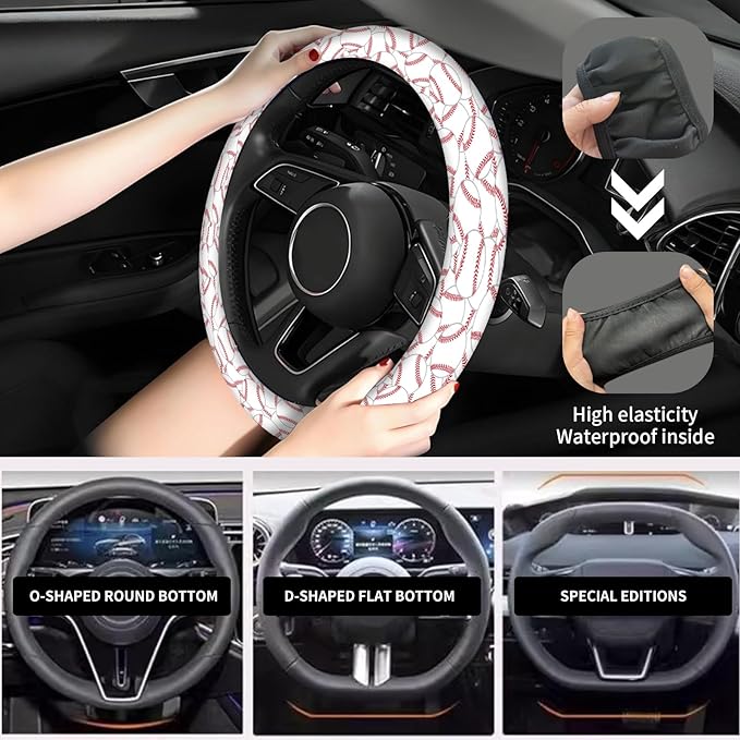 Elastic Car Steering Wheel Cover, Universal 15 inch Non-Slip Breathable Neoprene Steering Wheel Protector, Car Accessories for Women Men Fit Auto, Suvs, Truck Cute Baseball Stitch