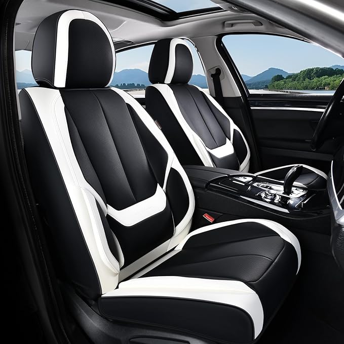 Coverado Seat Covers, Car Seat Covers Full Set, Leather Seat Covers for Cars, Car Seat Protector, Black Car Seat Covers Front Seats and Back Seats Universal Fit for Most Cars White