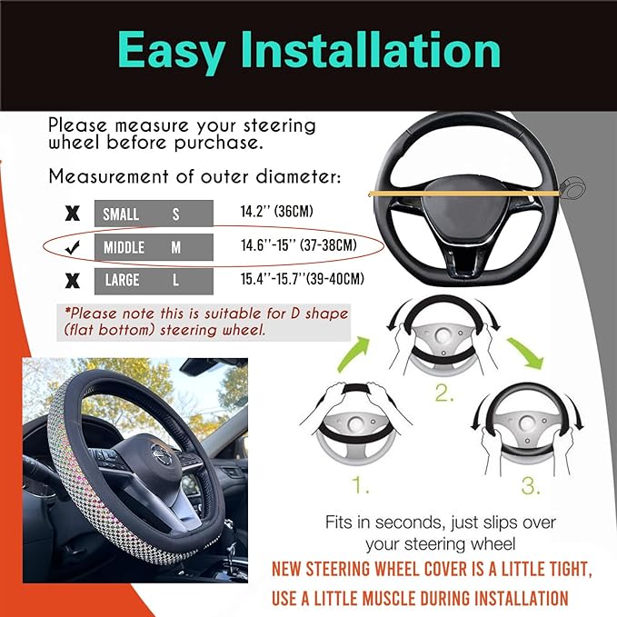 PINCTROT D Shaped Bling Comfy Steering Wheel Cover with Jumbo Crystal Rhinestones, Anti-Slip Diamond Leather, Flat Bottom 14.5-15 Inch (Colorful)