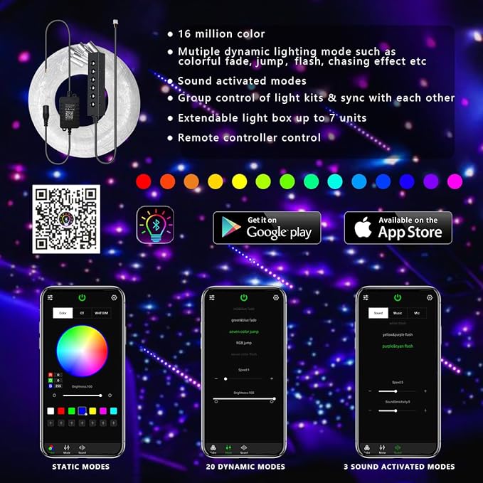 AKEPO 3.2W 6-Hole RGB APP Colorful Fiber Optic Lights Kit, Color Chasing Sound Activated 9.8ft 120pcs of 0.75mm Optical Fibers with Remote and APP Control
