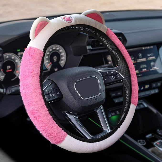Car Steering Wheel Cover, 15 Inch Fluffy Soft Plush Auto Protector, Anti-Slip Elastic Lovely Car Cover Accessories with Kitty Cat Ears Universal for Most Vehicles (Fluffy-White+Rose Pink)