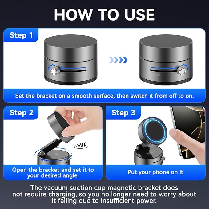 Vacuum Magnetic Suction Phone Holder,Upgraded 360° Adjustable Suction Cup Car Phone Mount,Hands-Free Cell Phone Holder for Car/Gym/Mirror/Smooth Surface,Compatible with iPhone 16/15/14/13/12 Series