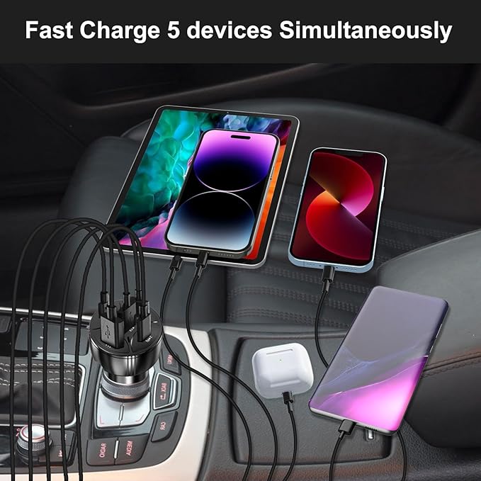 USB C Car Charger Adapter, 5 Ports 75W PD 3.0 Car Phone Charger Fast Charging Compatible with iPhone 16/15/14/13 Pro Max Series, iPad Pro, Galaxy S24/S23/S22/Note 20, Android, Pixel.