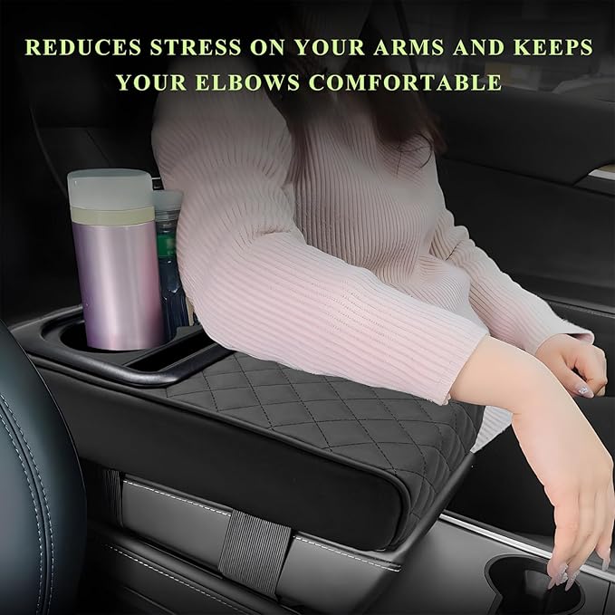 Car Center Console Armrest Pillow, Leather Auto Arm Rest Cover Protector with Cup Holder and Phone Holder, Memory Foam Armrest Cushion for Most Vehicles (Black, Diamond Pattern)