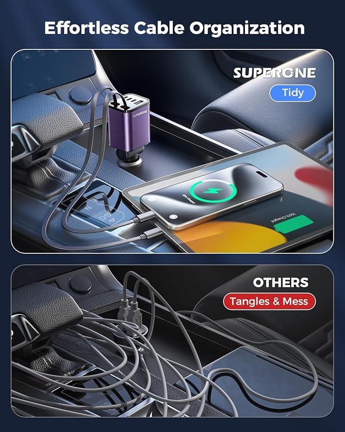 [Upgraded] 6 in 1 Retractable Car Charger, SUPERONE Smaller Fast Car Phone Charger 99W with Cord, USB C and iPhone Car Charger Adapter, Compatible iPhone 17/17 Pro Max/16/15/14/13/12/11, Sumsung