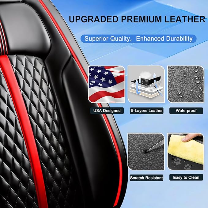 Fit HR-V Car Seat Covers for Select Honda HRV 2016-2025 2026 LX/EX/EXL/Sport - Full Coverage Leather, Waterproof & All Weather Seat Cushion Protector, Full Set, Black with Red Trim