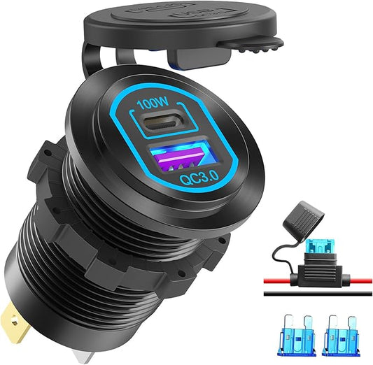 12 Volt USB C Outlet PD 100W Car USB Port for Laptop and QC3.0 18W Car Charger Socket Aluminum Alloy, Fast Charging Cigarette Lighter Replacement DIY Accessary for RV MarineTruck Boat Golf