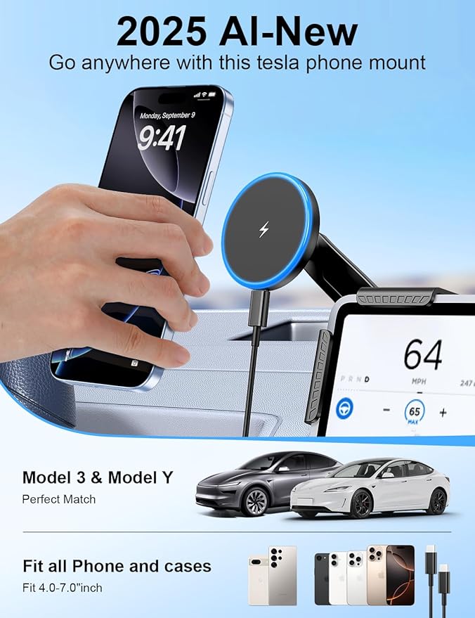 Tesla Car Mount Charger, [Heat Restriction] [LED RGB HandsFree] Wireless Car Phone Holder Charger, Magnetic Phone Holders for Your Car for Tesla Model Y/3/S/X Screen for 17/16/15/14/13/12 Series