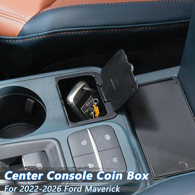 TOPINSTALL Center Console Coin Holder Compatible with 2022-2026 Ford Maverick Accessories, Console Flip-Top Coin Storage Box, Maverick Console Organizer ABS Plastic Insert Accessories
