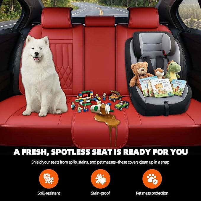 KEYOOG 5-Seater Waterproof and Breathable Nappa Leather Car Seat Covers Full Set, Fit for Front and Rear Seats of Cars, Compatible with Airbags, Car Seat Protector Covers for Most Cars - Wine red