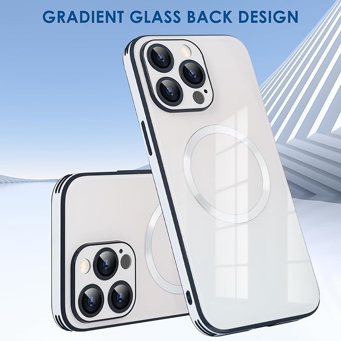 Guppy Compatible with iPhone 15 Pro Max Case Magnetic, with Full Camera Lens Protector [Compatible with MagSafe] Scratch Resistant Gradient Glass Back Cover Phone Case-White
