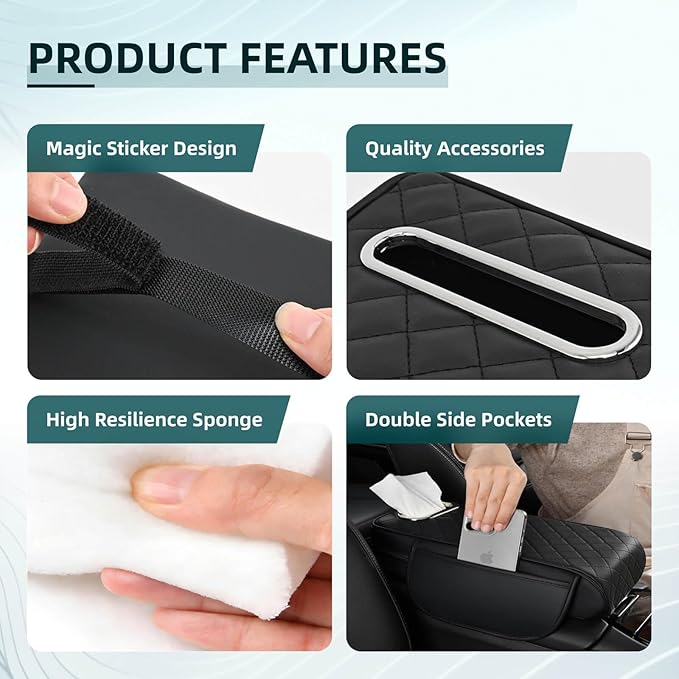 Upgrade Car Center Console Armrest Pad for Honda CR-V 2026 2012 Models, Comfortable Memory Foam Cushion Cover with Tissue Box & Side Storage Bag, Premium PU Leather 3-in-1 Car Armrest Cover(Black)