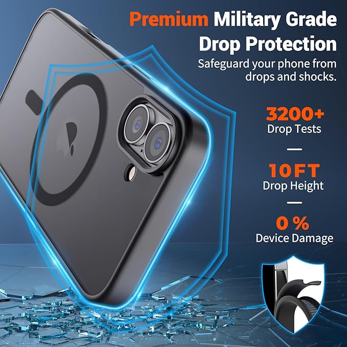 SUPFINE Magnetic for iPhone 16 Case (Compatible with MagSafe) (Military Grade Drop Protection) Translucent Matte Shockproof with Anti-Fingerprint Phone Cover,Black