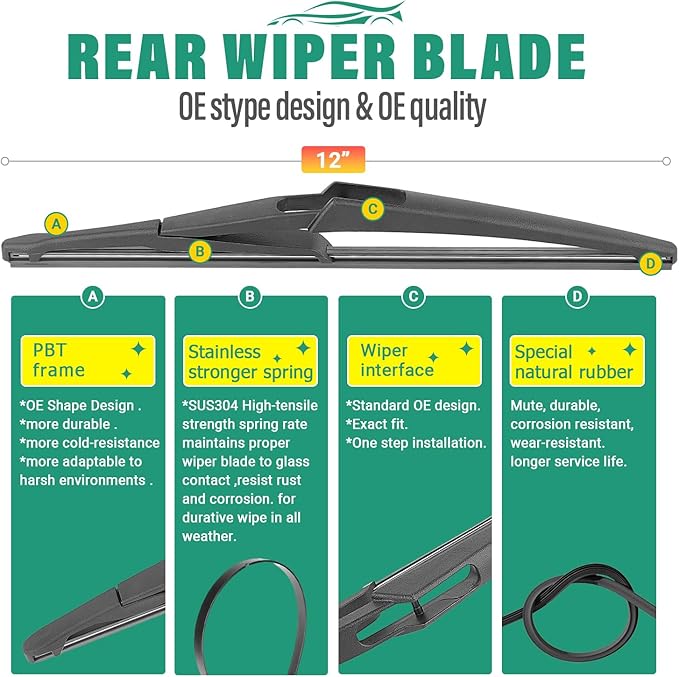 26" 16" 12" Windshield Wiper Blades Replacement for Nissan Kicks 2018 2019 2020 2021 2022 2023 2024 Premium All Weather Front Rear Wipers Set - OEM Quality (Pack of 3)