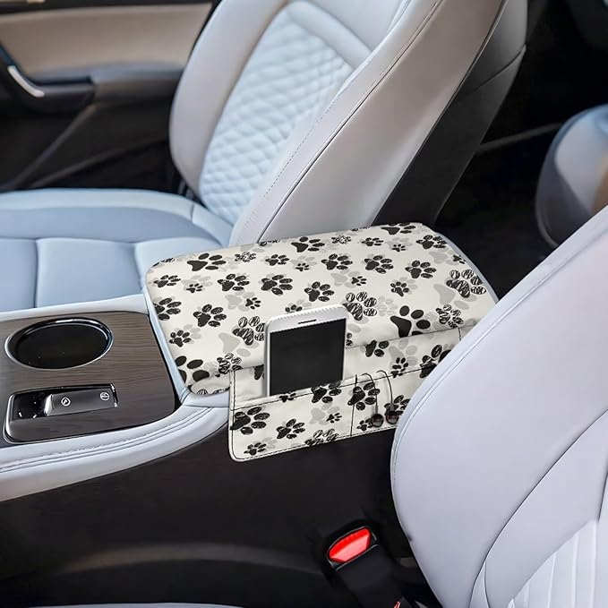 Dreaweet Cute Center Console Cover Black Dog Paw Print Car Arm Rest Cover Pad with Pockets Soft Comfy Thick Armrest Cover Universal Fit Auto Accessories Interior for Women