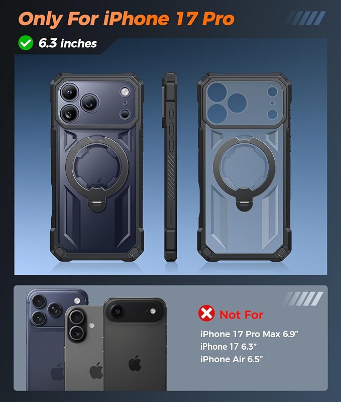 FNTCASE for iPhone 17 Pro Case: [360 Spin Magnetic Ring Kickstand] [Compatible for MagSafe] [Screen Protector] Heavy Duty Military Grade Protection Protective Phone Case with Stand Translucent Black
