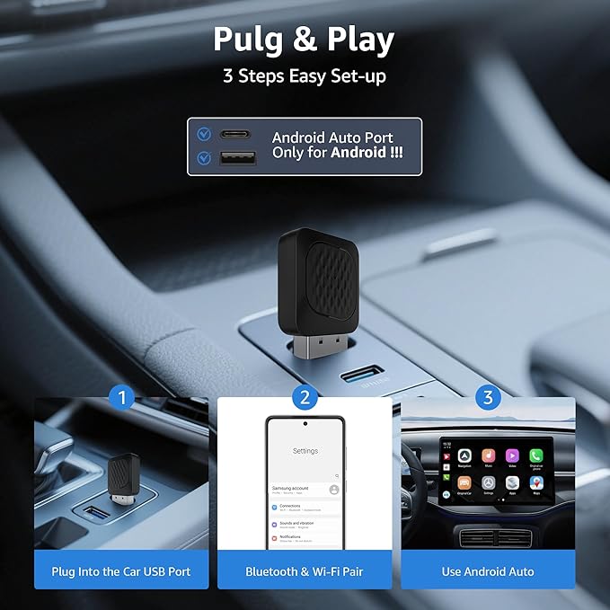Ayake Wireless Android Auto Adapter, Smallest Mini Edition, Converts Wired to Wireless Android Auto, Plug & Play Adapter, Compact Design for Android 11+ with USB/USB-C Port