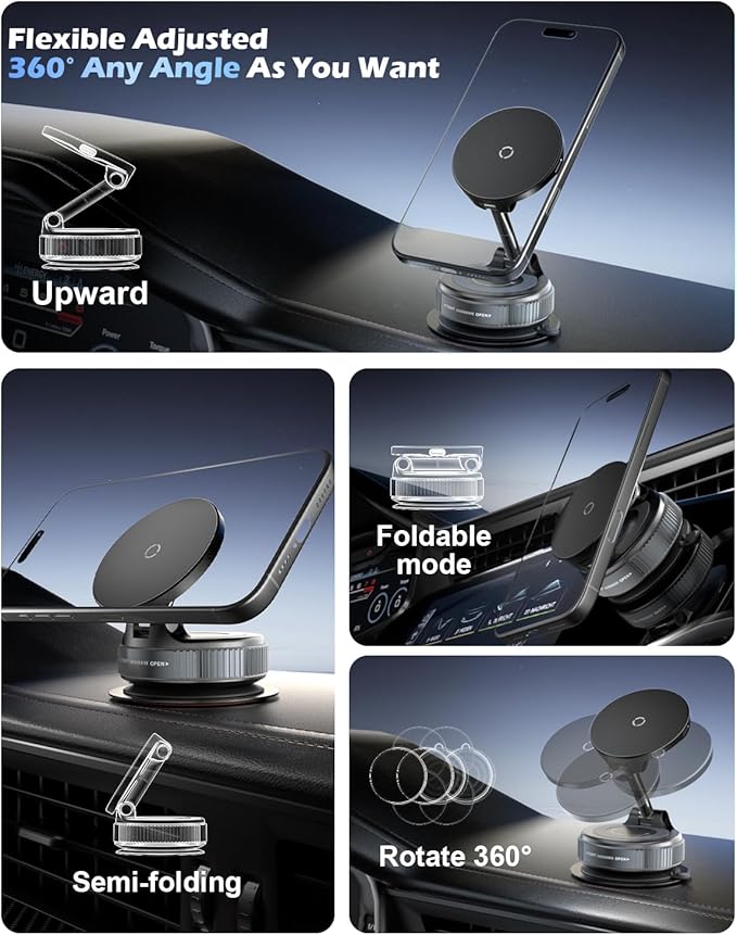 CloudValley 15W Fast Wireless Charger Car Phone Mount, Vacuum Suction Cup Magnetic Phone Holder Design for MagSafe iPhone 17/16/15/14/13/12, 360° Adjustable & Foldable Stand for Dashboard/Windshield