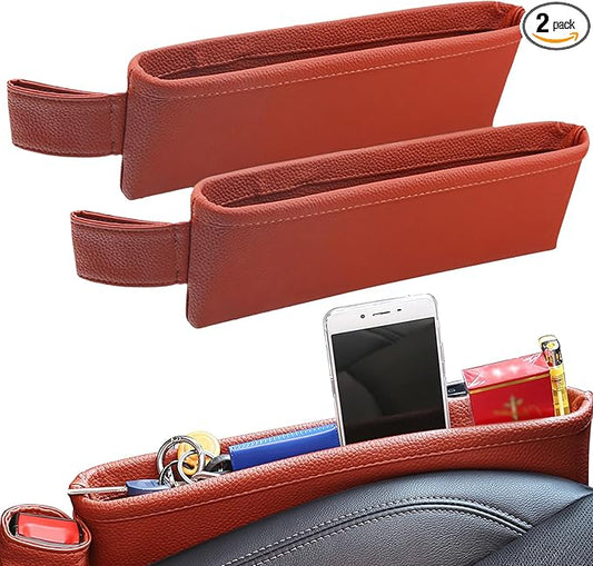2 Pack Update Car Seat Gap Filler Organizer Leather Console Storage Box Front Side Pocket Seats Organizers Filler Interior Car Accessories for Phone Wallet Coin Key Sunglasses (Brown)