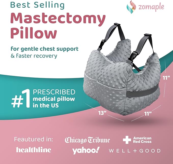 Zomaple Mastectomy Recovery Pillow with Strap, Swirly Gel Pack, Seat Belt Cover & Shower Lanyard – Post-Op Essentials, Breast Augmentation/Reduction & Recovery Supplies – Washable Cover for Comfort