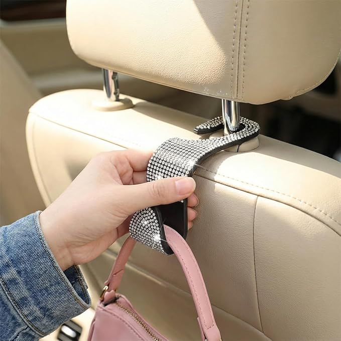 4PCS Bling Car Seat Headrest Hooks, Crystal Rhinestone Vehicle Back Seat Hanger Holder, Auto Interior Headrest Hanging Storage Organizer for Purse Handbag Coat, Universal Fit (Pink)