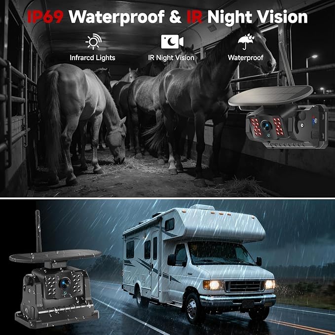 Dual Wireless Magnetic Backup Camera for Trailer - 7” 1080P HD 4CH Monitor with Solar 15000mAh Rechargeable Night Vision Rear Camera, DVR Loop Recording Waterproof No Delay for Truck,RV,Camper