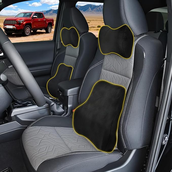 Car Neck & Lumbar Support Pillow Set for Toyota Tacoma, Soft Memory Foam Headrest & Back Cushion, Ergonomic Comfortable Seat Support for Daily Driving and Long Trips Car Interior Accessories