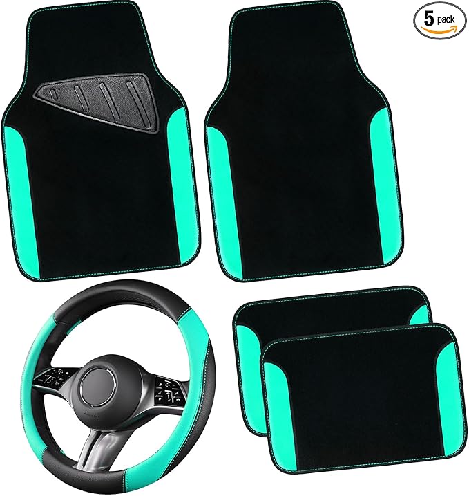CAR PASS Faux Leather Steering Wheel Cover and Waterproof Car Floor Mats,Universal Car Combo Fit for 95% Sedan,SUV,Cars,14.5-15inch Sporty Anti-Slip Safety Comfortable Design(Black＆Mint)